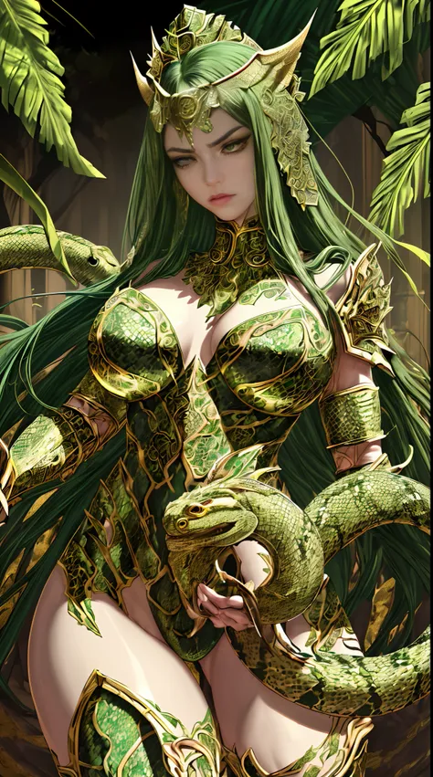 (best quality,highres:1.2),ultra-detailed,realistic,portrait:,beautiful,detailed eyes,beautiful,detailed lips,longeyelashes,gorgeous queen,gorgon,green and gold armor,sexy and fierce,leather armor,ornate design,shiny and reflective armor,scales pattern,hea...