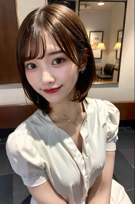 (top-quality、8K、32K、masuter piece、nffsw:1.2)、profile、(slim figure:1.2)、(s lips) 、age19、(Short bob hair:1.3)、a necklace、二重まぶた、shinny skin、Realistic rays、mare、beauitful face、(A smile:1.3)、crouching down、(From  above:1.2)、(a closeup:1.4)、blurry backround、(Fro...