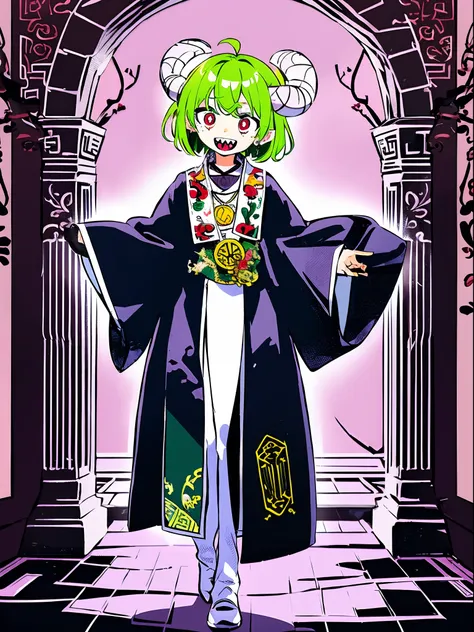 loli, green hair, red eyes, white robe, hornes, sharpteeth, standing solo focus, white robe,demongirl, pants, long skirt, short ...