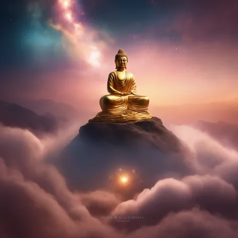 1200s. ily. Buddha, A spell, There is spirit everywhere, Dynamic pose, Wind, Smoke, spark of light, Stars above the clouds, surrealism, Super realistic, Cinematic, pastel colour, Fantasy universe background