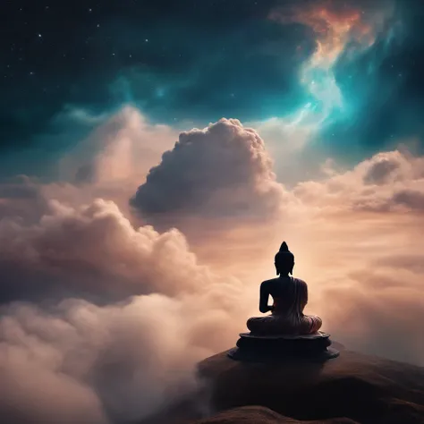 1200s. ily. Buddha, A spell, There is spirit everywhere, Dynamic pose, Wind, Smoke, spark of light, Stars above the clouds, surrealism, Super realistic, Cinematic, pastel colour, Fantasy universe background