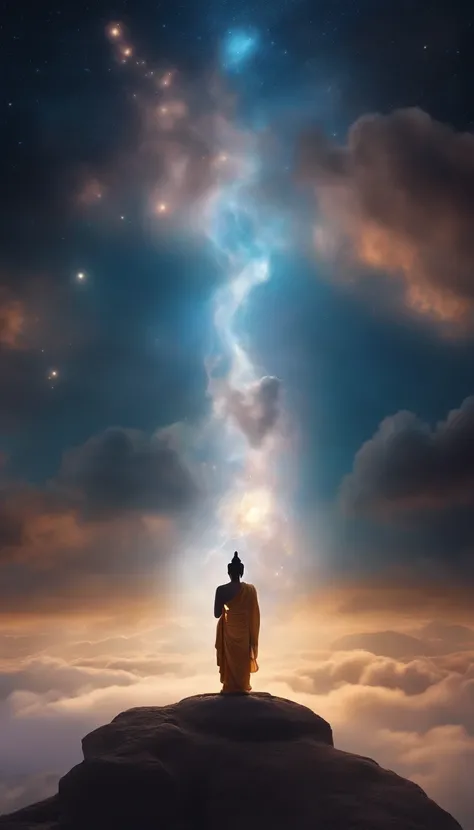 1200s. ily. Buddha, A spell, There is spirit everywhere, Dynamic pose, Wind, Smoke, spark of light, Stars above the clouds, surrealism, Super realistic, Cinematic, pastel colour, Fantasy universe background