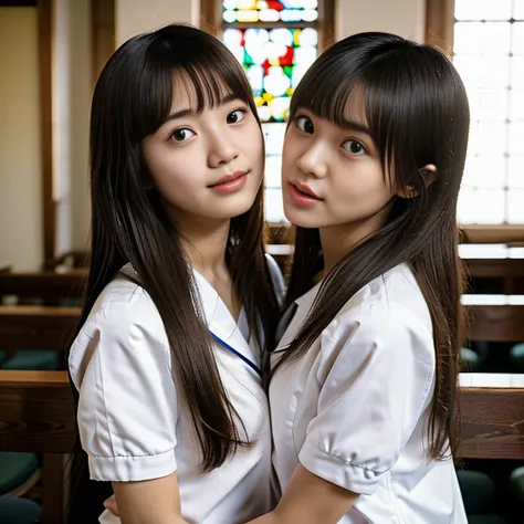 ((2 high school girls: 1.5)), Beautiful 18-year-old Japanese woman, ((2 high school girls in short-sleeved white sailor uniforms: 1.5)), (Japanese strict girls school sailor uniform: 1.5), ( Two high school girls sitting in a church pew: 1.2), ((Beautiful ...