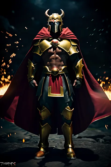 demon spartan muscle warrior in black fire magic armor red and , magic face armor red runes, ancient wizard use, golden and red cape, sharp lenses, professional photography, 70mm lenses, love for details, good quality, unreal engine 5, wallpaper, colorful,...