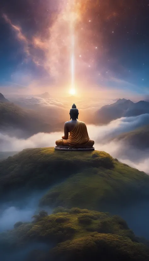 1200s. ily. Buddha, A spell, There is spirit everywhere, Dynamic pose, Wind, Smoke, spark of light, Stars above the clouds, surrealism, Super realistic, Cinematic, pastel colour, Fantasy universe background