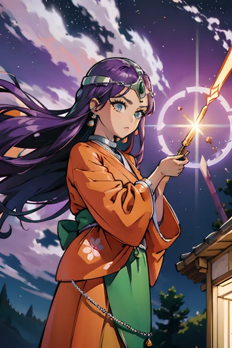 hight resolution、​masterpiece、1girl in、DQ Minnea, Purple hair、circlet, earrings, Choker, Bracelet, Kimono with orange floral pattern、Being in a violent tornado、gust of wind、The Magic of the Wind、Shoot a curved blade of light from your hand、Light Green Magi...