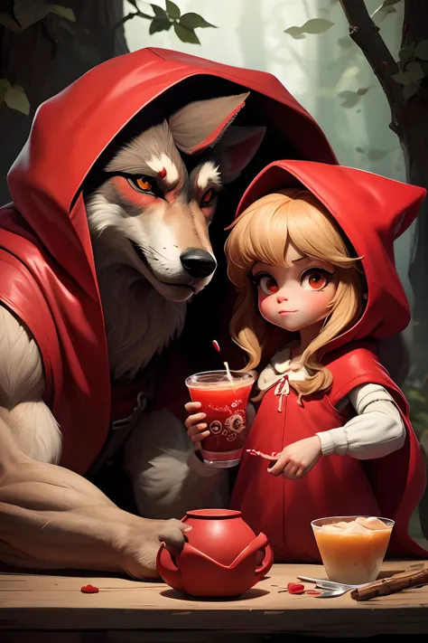 masterpiece, best quality, a realistic cartoon of a (Little red riding hood and a wolf) drinking together a miklshake,