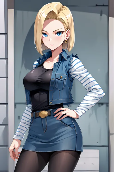 best quality, highres, and18, 1girl, android 18, solo, blonde hair, blue eyes, short hair, earrings, jewelry, denim vest, open v...