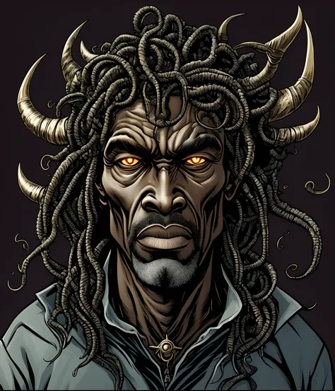 Evil African American scientist with a giant head and evil horns and eldritch tendrils