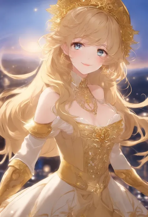 fille, flowing golden blonde hair, yeux jaunes, Golden Imperial Outfit, neckline, Anime, The background is a clear sky with twinkling lights, Angle dynamique, rire arrogant