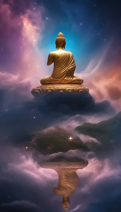 1200s. ily. Buddha, A spell, There is spirit everywhere, Dynamic pose, Wind, Smoke, spark of light, Stars above the clouds, surrealism, Super realistic, Cinematic, pastel colour, Fantasy universe background