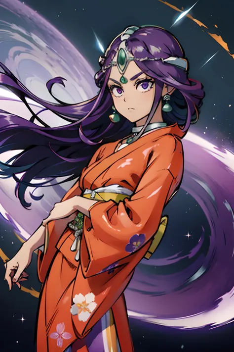 hight resolution、​masterpiece、1girl in、DQ Minnea, Purple hair、circlet, earrings, Choker, Bracelet, Kimono with orange floral pattern、Being in a violent tornado、gust of wind、The Magic of the Wind、Shoot curved blades of light from your hands、Light Green Magi...