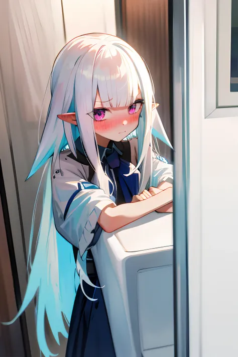 One girl with long hair, white hair, looking at viewer, embarrassed, blushing, pointy ears, bathroom, bathub, bathe