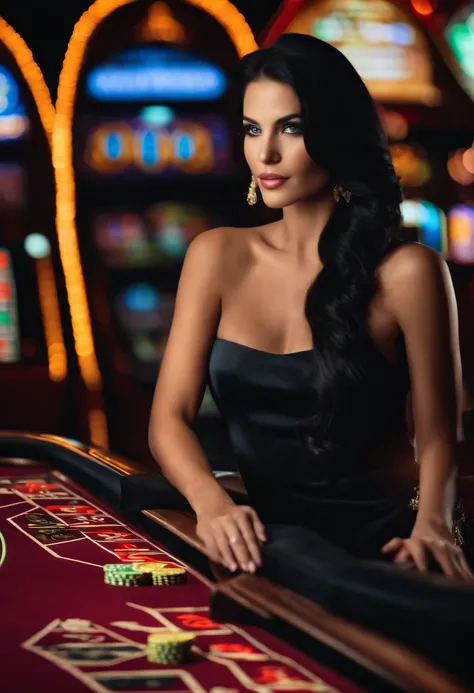 Caucasian women Long black hair, bluish-brown eyes, sitting in a casino playing slots.