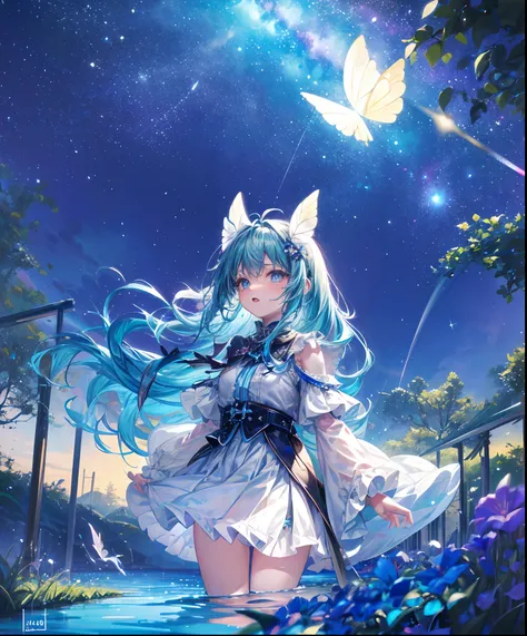 Cute iridescent round monster in space、Iridescent grass々Drawing a butterfly flying over the water, Looking up at the starry sky. Surround her with colorful nebulae and colorful forests.