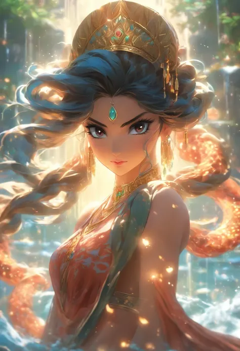 (((ANAHITA)) best quality, ultra-high resolution, 4K detailed CG, masterpiece, Persian Goddess, Arab Woman, black hair, water, Persian clothing, Persian mythology, aesthetics, ((Standing Pose)), Beautiful image, centered on the screen, full body