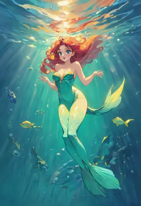 Little mermaid playing with big fish in the ocean, turqouis ocean, illustration style, bright colourful