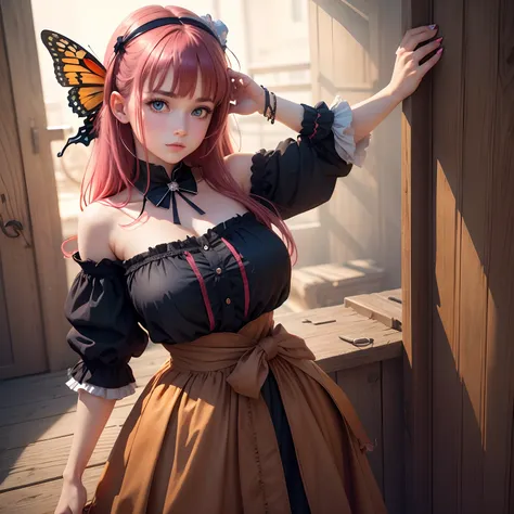 8k, masterpiece, best quality, realistic, higly detailed, cowboy shot, 1girl, solo, Nino, cute, cold-looking girl, waist-length straight hair, square bangs hanging over eyebrows, reddish-pink hair, twin butterfly-shaped ribbons on both sides of head, dark ...