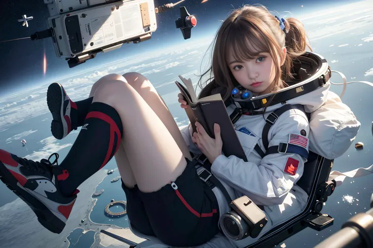 RAW image quality、8K分辨率、Ultra-detailed CG footage、Absurd resolution, hight resolution, (​masterpiece:1.4), The ultra-detailliert, 1girl in, floated hair、floating、read a book, in a spacesuit, Seen from above, kosmos, Planktonic, satellite, Operations in out...