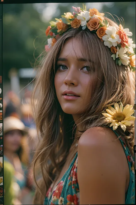 Photorealistic documentary style close up macro up cinematography of sexy flowery woman at 1 9 6 9 Woodstock Festival shot in 1 6mm Eastman 7 2 5 4 film with a 1 2 - 1 2 0mm angenieux zoom lens shot at magic hour by cinematographers, Malcolm Hart, Dom Lenz...