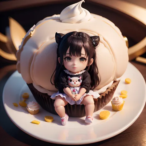 Theres a doll sitting on a plate with a cupcake, bonito 3 d render, render de uma menina anime 3d bonito, anime estilo 3d, painting digital adorable, Estilo anime 3D realista, arte digital detalhada bonito, comer bolos, kawaii retrato realista, Arte no est...