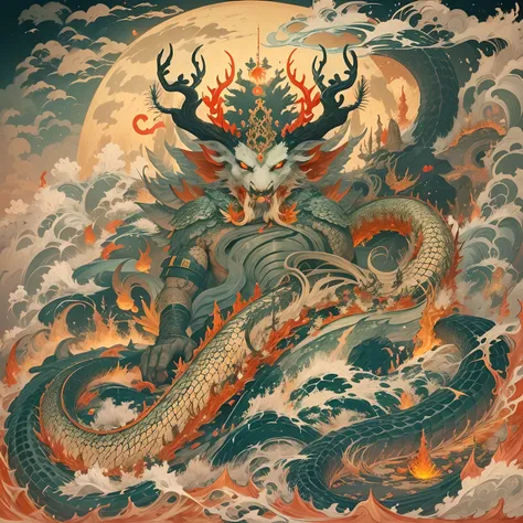 Mountain and Sea Sutra，《《《The Great Desolation Sutra》》》，Ancient legends，oriental mythology，Colorful magic，Ferocious scaly monster，Hell Demon，Golden scales，deer antlers，mane hair，beard，Claws，红眼闪✨发光