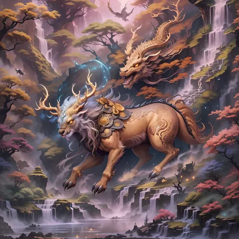 (Best quality,8K,A high resolution,Masterpiece:1.2),Ultra-detailed,(Realistic,Photorealistic,photo-realistic:1.37),Ancient beasts from hell，Chinese mythology，Mountain and Sea Sutra，the mountains and the sea,Ancient legends,mythological creatures,Sparkling ...