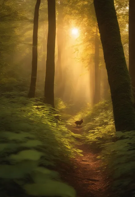 Visualize an ultra-photorealistic image of a dense forest bathed in the soft glow of sunlight filtering through the canopy. The image should capture the play of light and shadow on the foliage and forest floor, with rabbits and squirrels frolicking amidst ...