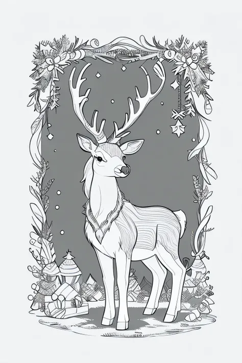 rudolph the reindeer coloring pages, lineart inspired by Rudolph F. Ingerle, pixabay, folk art, an anthropomorphic deer, anthropomorphic deer, 2 d, 2d, holiday season, no gradients, drawn with photoshop, anthropomorphic female deer, coloring pages, christm...