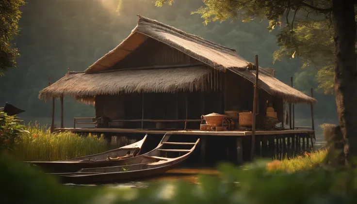 A stilt house with a thatched roof, traditional Vietnamese architecture, bamboo structure, wooden planks, birds flying above, a peaceful village, morning mist, vibrant green rice fields, calm river, wooden pier, women wearing conical hats, traditional clot...