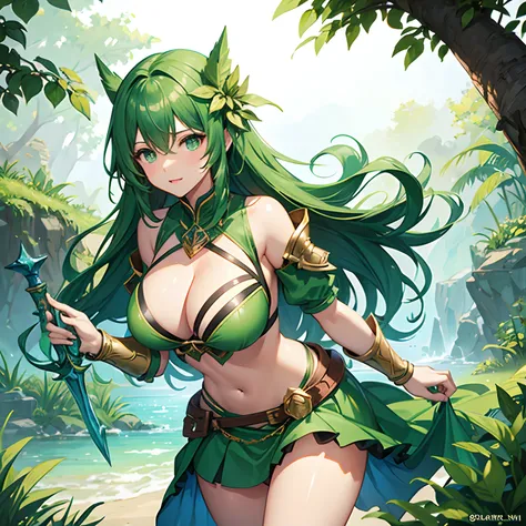 Fantasy theme // green Bikini armor with skirt // big boobs // plant mage