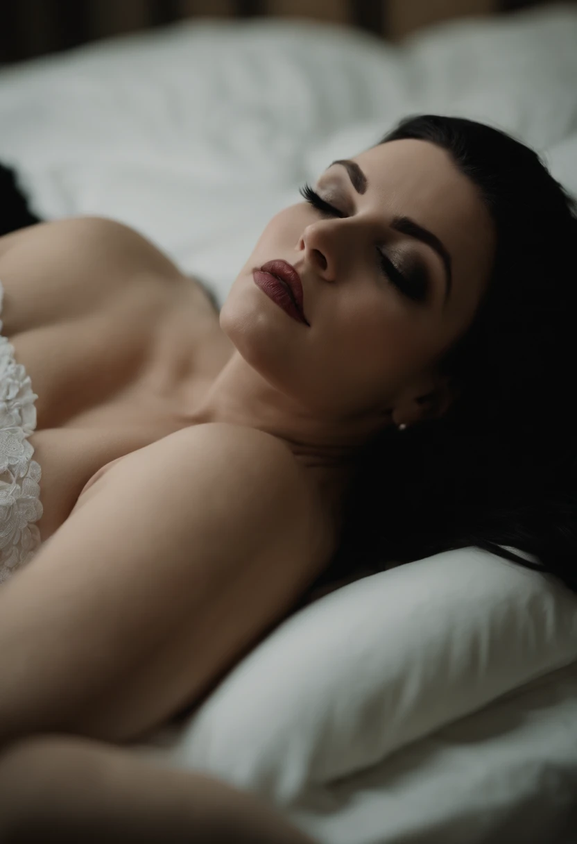 Arafed woman lying on bed with white sheets and black shirt, Evanescence, Morgana, still from a music video, youtube video screenshot, Olhos do quarto, deitado, olhar sedutor, she is laying on her back, deitado na cama, videoclipe, deitado na cama, deitada...