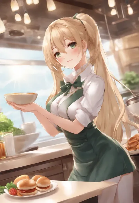 Working in a café Blonde Half twin bun long hair anime girl, Seductive Anime Girl, charming anime girls, Anime Girl, Beautiful anime girl, Cute anime girl, pretty anime girl, Anime Girls, young anime girl, Ultra-realistic Cafe clerk uniform, splash art ani...