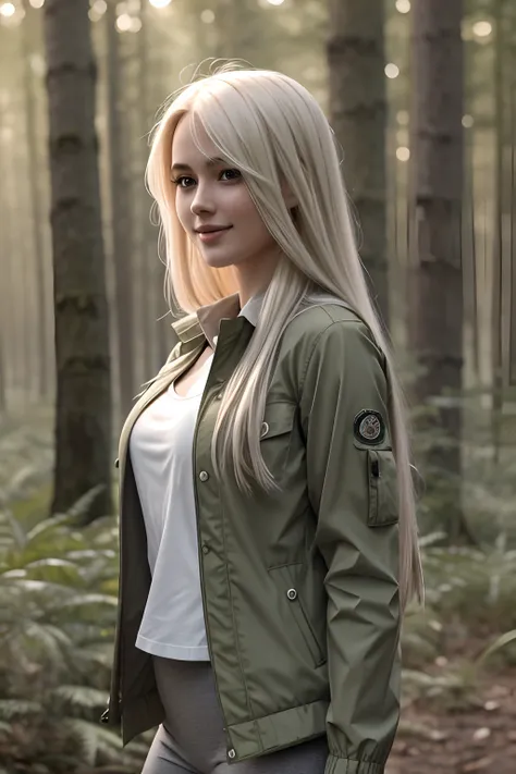 1girl in, age19, Solo, Aesthetic artwork, platinum blonde hair, long straight hair, detailed hair, full c cup breasts, c-cup, slender body, Full body, detailed skin texture, cute smile, side profile, exploring forest trail, wearing green khaki jacket, ligh...