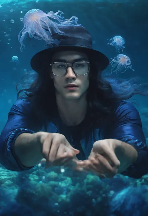 1guy, buffed, jellyfish hat, glasses, long hair, ((High Quality)), under the ocean, holding a Jellyfish, blue and black hair