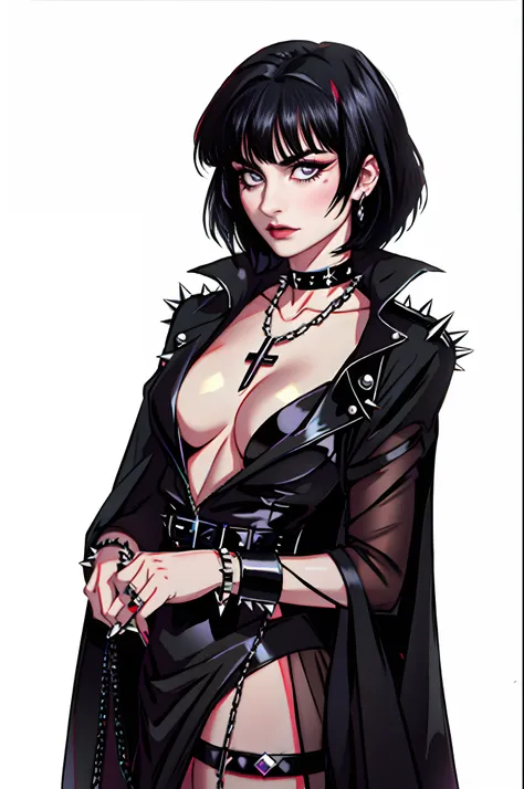 Goth woman, Siouxsie Sioux, long black hair with bangs, Cross rosary, cross pendants, spike choker, spike bracelet