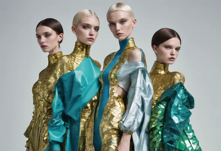 Create me three people who are wearing an avant-garde and futuristic garment with a lot of volume in the garments, that has blue, green gold, silver colors and that has superpositioned geometric parts and tailoring