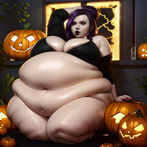 Scarlett Johansson, purple hair, black lipstick, goth, goth girl, big titty goth, round tits, big tits, round hips, big belly, pregnant belly, big hips, flabby belly, massive belly, stuffed belly, in orange pumpkin patch, orange pumpkins on ground,