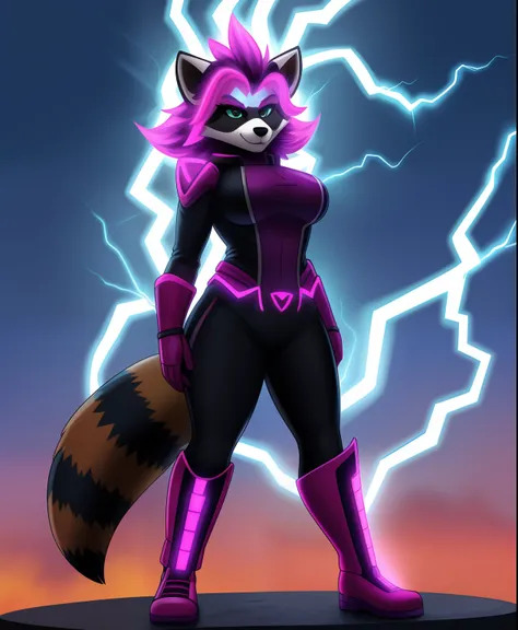 Thunderclap the female raccoon supervillain, electricity powers, electricity hair, Tesla coils on her top head, full body view