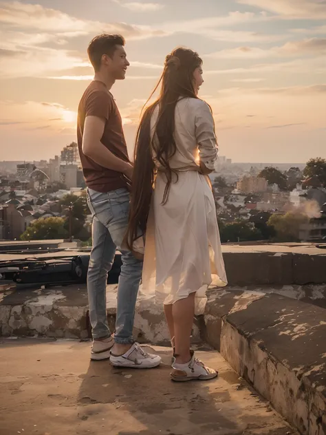 Best quality, 4K picture quality,  a couple standing on top of the city see sunset long hair fluttering in the wind, healing smile, large aperture, blurred background