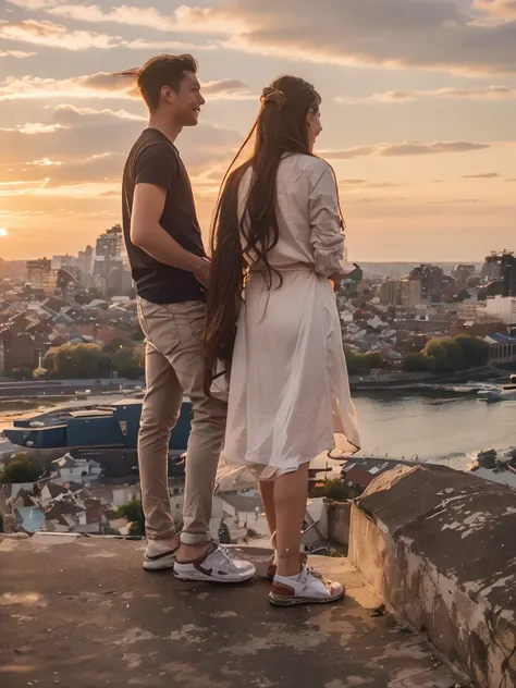 Best quality, 4K picture quality,  a couple standing on top of the city see sunset long hair fluttering in the wind, healing smile, large aperture, blurred background