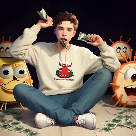 make a picture of Mr.Krabs from spongebob wearing a gucci sweatshirt and jeans and with a blunt in his mouth and a lot of money in his hand