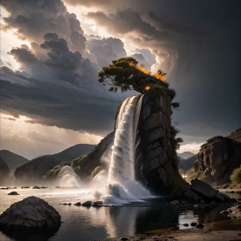 The land of mountains and seas（Hanging Mountain）， （Agate tree）， The angry fighting stance of the jackal, tiger and leopard， looking at the ground，Animal World（Abstract propylene splash：1.2）， Dark clouds lightning background，canyons（realisticlying：1.4），Dape...