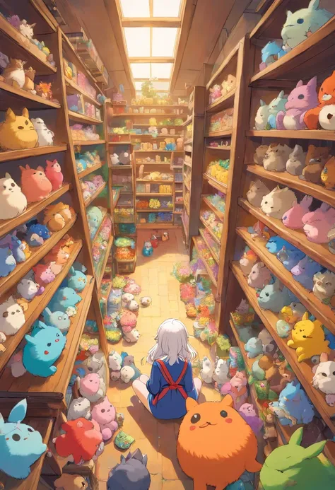 (masterpiece, best quality),1girl with long white hair sitting in a field of(masterpiece, best quality), (colorful:1.4), from above, solo, 1girl standing in a store with lots of stuffed animals on the shelves and a bag of stuff, depth of field, fisheye len...