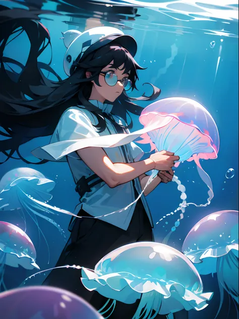 1guy, buffed, jellyfish hat, glasses, long hair, ((High Quality)), under the ocean, holding a Jellyfish, underlayer blue, black hair