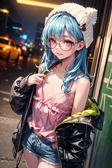 vibrant colors, (masterpiece), (realistic), (best quality), (ultra-detailed), amazing, 1boy, femboy on a walk, trip club, neon lights, hermaphrodite, fem presenting non-binary, 19 years old, (light pale blue hair), fluffy hair, hair brushing shoulders, med...