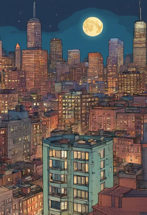 in 2d perspective, A rooftop view of the city with a full moon overhead. New York, the edge of the building, looking out over the city. At Bs door&b，45-degree shooting，the sideview，Realiy.}