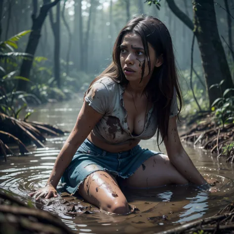 How a Woman Struggles in the Dark, Deep pit, drowning in a swamp. The night is getting more and more dangerous. The surrounding forest is dense and dark, with large trees, Casting strange shadows on the ground. Woman completely isolated, Cut off from the r...