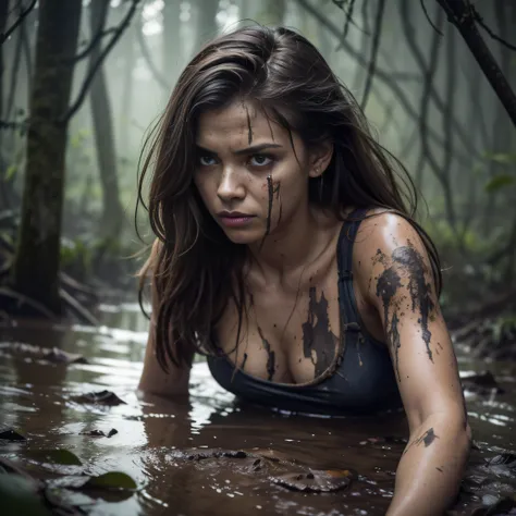 How a Woman Struggles in the Dark, Deep pit, drowning in a swamp. The night is getting more and more dangerous. The surrounding forest is dense and dark, with large trees, Casting strange shadows on the ground. Woman completely isolated, Cut off from the r...