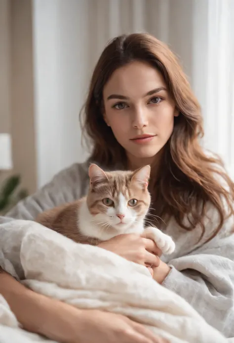 woman dressed in comfortable clothes on her bed with her cat, 80s style, half body shot, high quality photo.